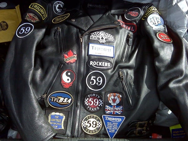 badges on leather jacket