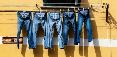 Four pairs of jeans drying on a clothing line