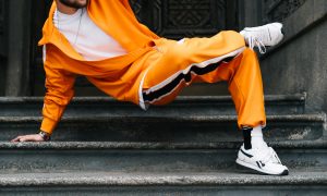 Closeup photo of young man in bright streetwear