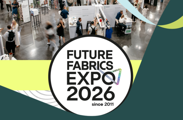 Future Fabrics Expo 2026 logo displayed at the Brussels exhibition, representing a global event for sustainable and responsible fashion materials