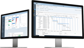 Two computer monitors showing data, bar charts and timelines