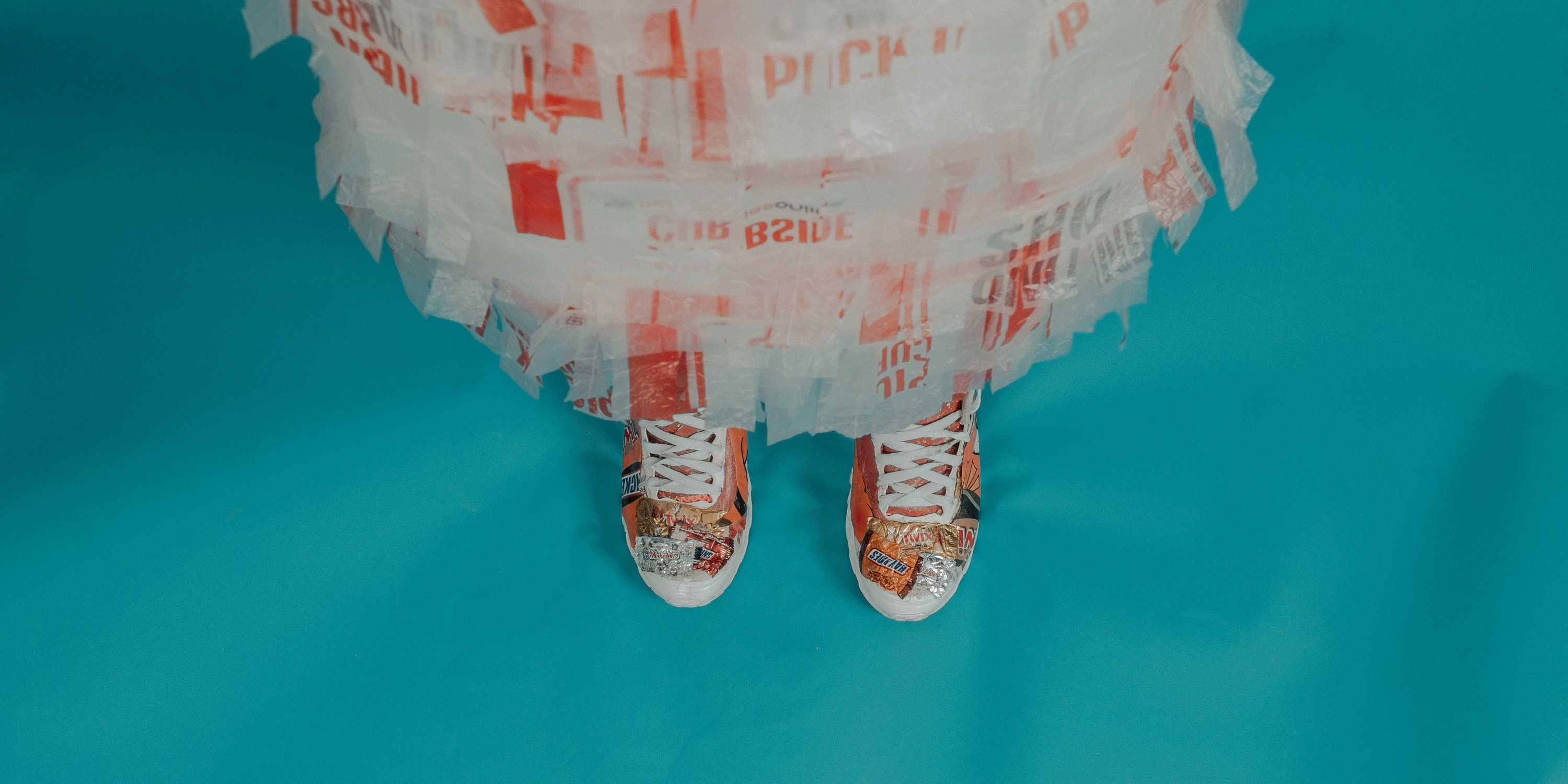 Woman dressed in recycled clothing